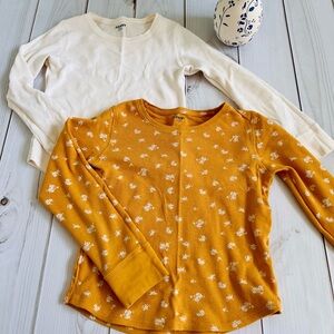 White and Mustard Yellow Waffle Knit Long Sleeves Tee